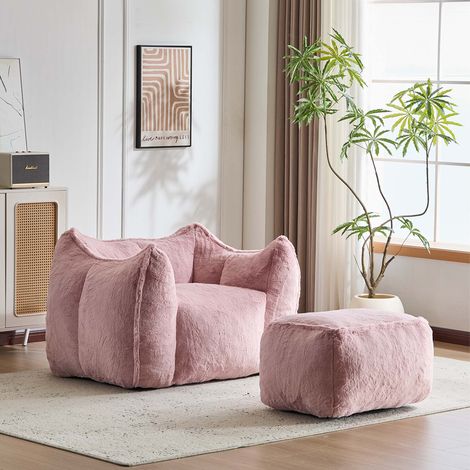 Sessel mit Hocker Kunstfell Kaninchenoptik, Pink, 126x100,5x75 cm (1/5)