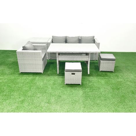 Fimous Rattan Gartenmöbel Essgarnitur 6 Sitzer Lounge Sofa Stuhl Esstisch Set mit 2 kleine Fußhockern Beistelltisch Hellgrau gemischt (1/5)