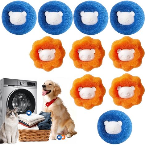Machine à laver anti-poils, 10 boules anti-poils, attrape-poils réutilisable, élimine efficacement les poils de chat et de chien, ainsi que les résidus de coton (bleu) + orange (1/5)