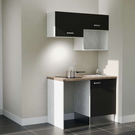 Kitchenette K02L-PT - 120 cm avec plan de travail et évier - emplacements frigo, hotte et micro-ondes - Façade Noir - Plan Bois - Evier Inox - Crédences Non