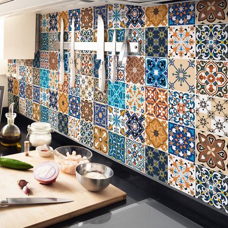 Sticker Mural Carrelage adhésif Cuisine Salle de Bain - 24 STICKERS CARREAUX DE CIMENT AZULEJOS TRENCIA - 24stickers20x20cm (1/5)