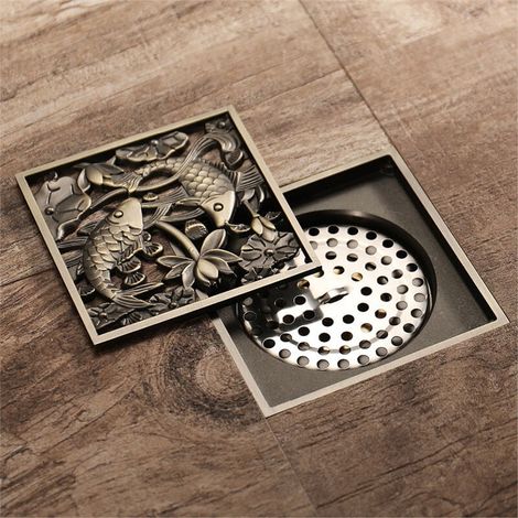 Tapa de desagüe de 10 cm de ancho, fabricada en latón envejecido, ideal para cocina, baño, aseo, lavadero y jardín. (1/5)