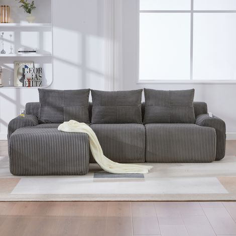 Canapé d'angle modulaire 268×174×80 cm – Canapé 3 places en velours côtelé acve porte-gobelet et poche latérale – Gris – Style moderne (1/5)