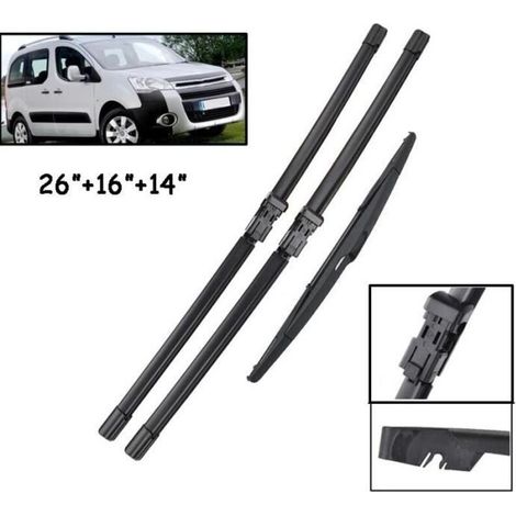 (SCHWARZ) Satz mit 3 Scheibenwischern (vorne + hinten) für Citroën Berlingo B9 2008 2009 2010 2011 2012 2013 2014 2015 2016 2017 (1/4)
