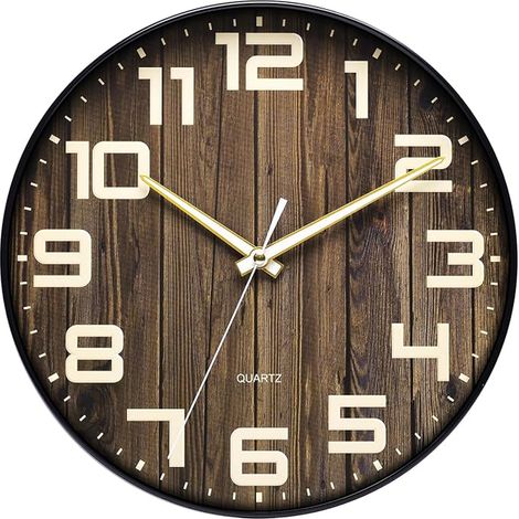 Wall Clock Round Plastic Wood Silent Large Numbers Living Room Bedroom Kitchen (30cm) (1/5)