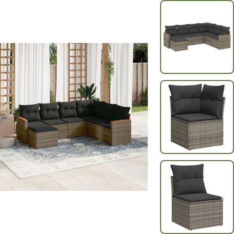 The Living Store Salon de jardin avec coussins 7 pcs gris résine tressée - Salon De Jardin - Mobilier Extérieur - Set Salon - Résine Tressée - Rotin Synthétique (1/5)