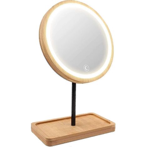 Miroir de maquillage lumineux LED avec 3 couleurs d'éclairage, batterie rechargeable USB sans fil, rotation à 360°, plateau de rangement en bois de bambou, à poser sur une table. (1/5)