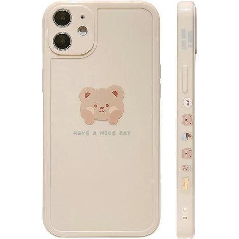 Niedliche weiße Handyhülle mit Glücksbär-Motiv und geprägtem Cartoon-Muster für iPhones, inklusive des Schriftzugs „So Lucky“. Stoß- und sturzsicher, geeignet für iPhones von Frauen. (1/2)