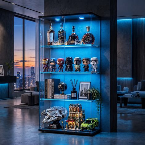 JOOKGBD-Glasvitrine,vitrinenschrank mit 2Türen 4Regalen transparent,Glasvitrine mit LED-Beleuchtung,Sammlerstücke Glasvitrine,Vertikale Glasvitrine,für Wohnzimmer Schlafzimmer Büro,Schwarz