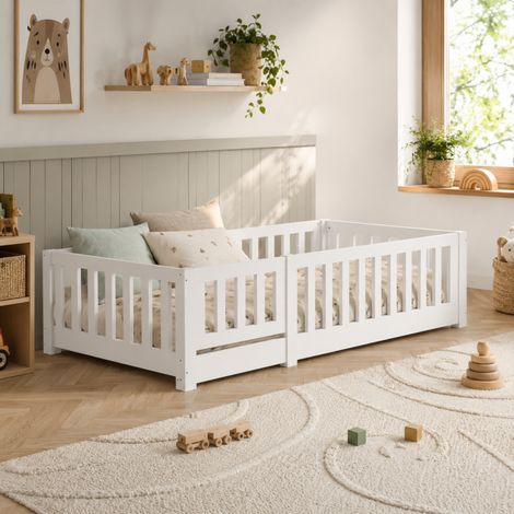 Lit Montessori, Lit au Sol Enfant 90x200, Lit simple avec Barrière de Sécurité et Sommier à Lattes, blanc, pour Garçons et Filles, Enfants et Bébés, sans matelas