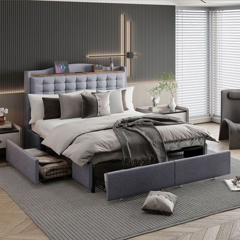Letto Matrimoniale 140x190 cm - Testiera - 4 Cassetti - USB - Lino Grigio