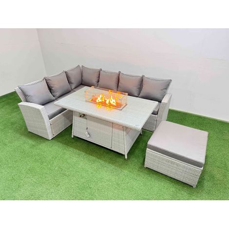Fimous 7 Seat Rattan Garden Furniture Corner Sofa Set Outdoor Gas Fire Pit Table Sets with Big Footstool Light Grey (1/5)