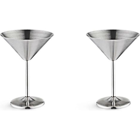 Deux verres à cocktail en acier inoxydable, verres à vin hauts et bas, incassables, flûtes à champagne de bar en métal, argentées. (1/3)