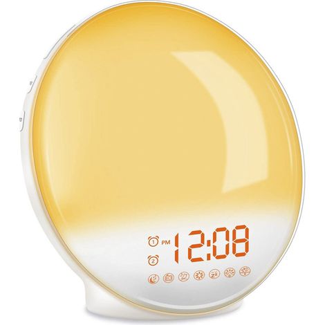 Eveil Lumière LED Radio Réveil Matin Lumineux Lampe de Chevet 20 Niveaux de Luminosité Simulateur d'Aube et Crépuscule 2 Réveils 7 Sons Naturels Fonction Snooze Veilleuse Enfant 7 Couleurs (Jaune) [Cl