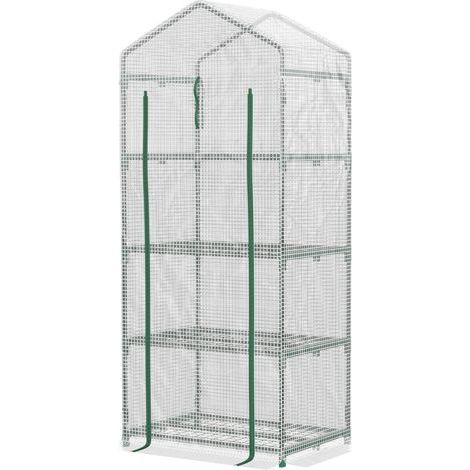 Serre de jardin Outsunny Serre de jardin PE avec étagères 4 niveaux, serre de balcon, bâche renforcée 140 /m², châssis en acier, porte zippée enroulable, pour légumes plantes, intérieur extérieur, 70x (1/5)
