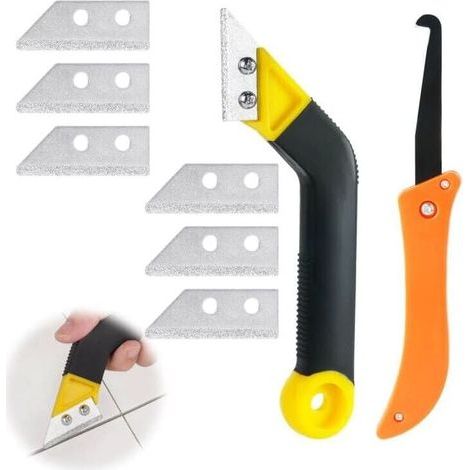 Grattoir à Joints, Lot de 9 Grattoirs Joints Carrelage avec 7 Lames de Rechange et 1 Scie Coudée, Grattoir Rasoir Nettoyage pour Carrelage, Grattoir a Dejointer Carrelage (1/5)