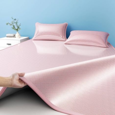 Tapis de sommeil refroidissant soie glacée respirant avec taie d’oreiller, matelas été pour lit et chambre(Rose,200x220cm + 2 taies d'oreiller) (1/2)