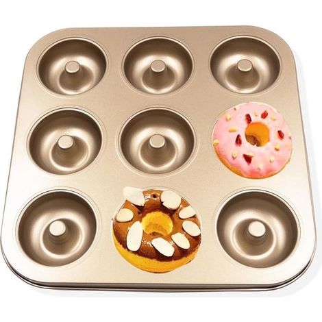 Molde para 9 donuts - Molde para cupcakes - Bandeja para hornear - Acero al carbono antiadherente - 28x28x23 cm - Dorado (1/5)