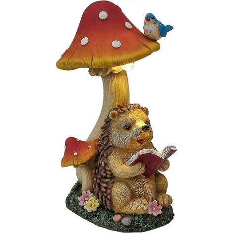 Ornements de jardin féériques à énergie solaire de 20,5 cm (10 pouces), statue de hérisson en résine avec champignon, accessoires d'extérieur (1/5)