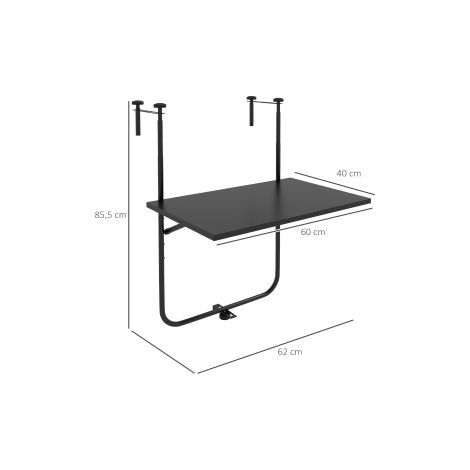 Table de balcon noire à suspendre pliable 62 x 60 cm avec 3 hauteurs réglables et capacité de 15 kg pour balcon et terrasse (1/5)