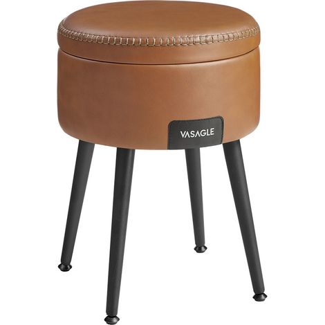 EKHO Collection - Pouf de Rangement, Tabouret de Coiffeuse, PU avec Coutures, Moderne Mi-siècle, Tabouret de Rangement Rond avec Pieds en Acier, Capacité 150 kg, Marron Caramel (1/5)