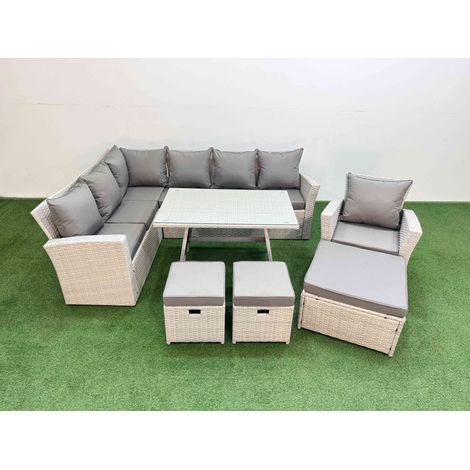 Fimous Garden Outdoor Rattan Furniture Set Rattan Corner Sofa Oblong Dining Table with Armchair 3 Footstools Light Grey Mixed 10 Seater (1/5)