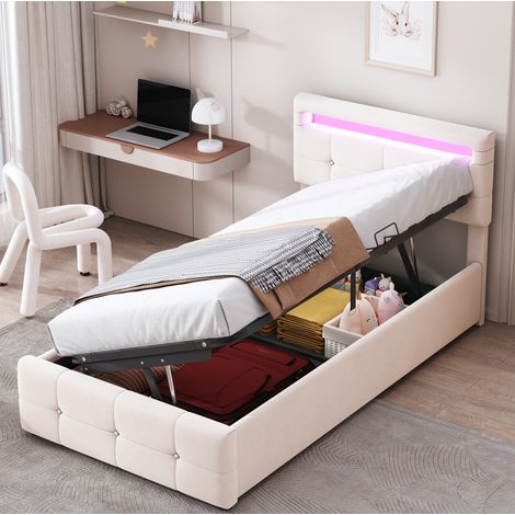 Polsterbett 90/200 cm Beige aus Samt mit LED-Beleuchtung und Stauraum (1/5)