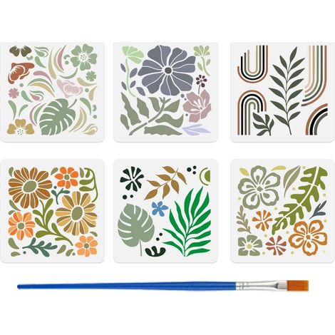 6 Pièces Pochoirs de Peinture de Plantes Boho avec Pinceau 15x15cm Gabarit de Dessin de Fleurs Feuilles Pochoir de Motif de Feuilles Tropicales Gabarit DIY de Thème de Plante pour Meuble (1/5)