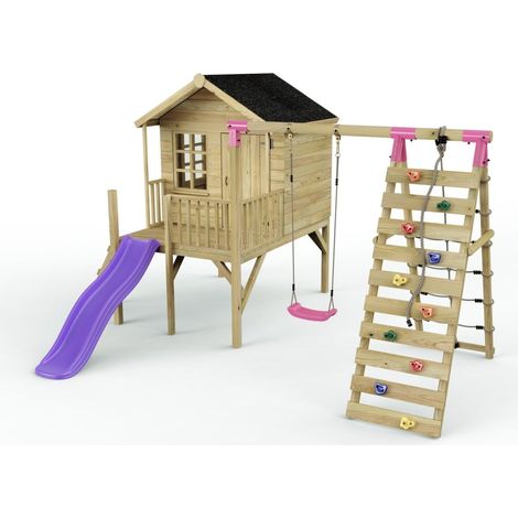 Rebo Playhouse and Single Swing Set with Climbing Wall and Slide - Solar Purple