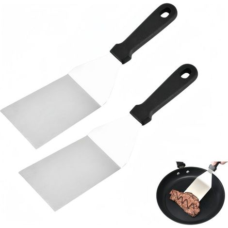 Set aus 2 rechteckigen Edelstahlspateln, Grillspatel mit Kunststoffgriff, Spatel zum Anheben und Wenden von Hamburgern und Eiern (1/4)