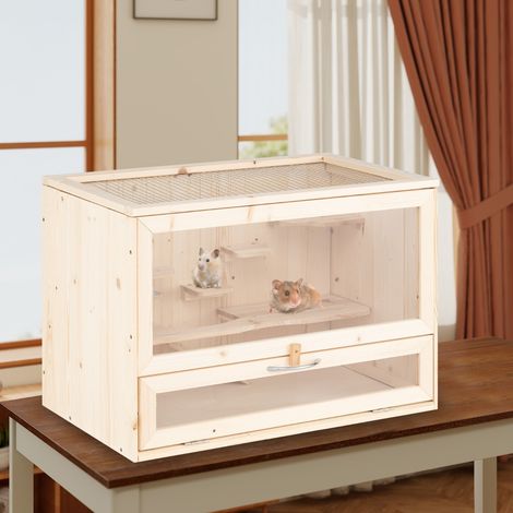 Cage en Bois pour Hamster Enclos de Jeu avec Toit Rabattable en Treillis Zones Multi-Échelles Design avec Rampe Panneau en Acrylique Nature (1/2)