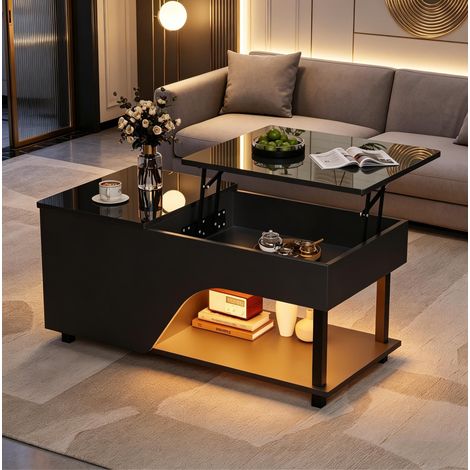 Mesa de centro elevable 100x50x46 cm negra en tablero de partículas con LED y almacenamiento oculto (1/5)
