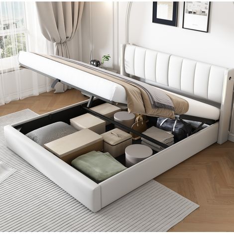 Lit rembourré moderne 180x200 cm en PU blanc, avec tête de lit réglable, LED, USB/Type-C, coffre et sommier à lattes