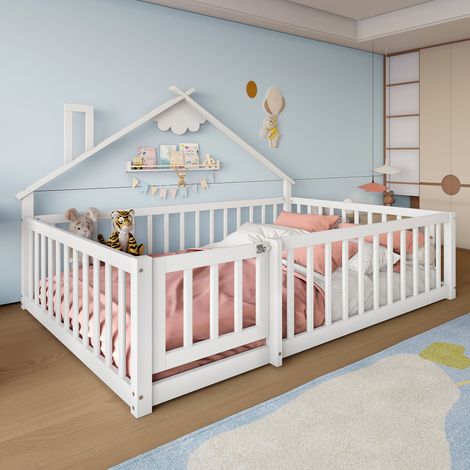 Lit plat,140x190 cm,berceau,plinthe,rampe avec serrure,bois de pin,blanc (1/5)