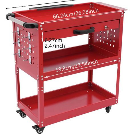 Carro de herramientas, almacenamiento de 3 niveles, cajón con cerradura, rojo. (1/2)