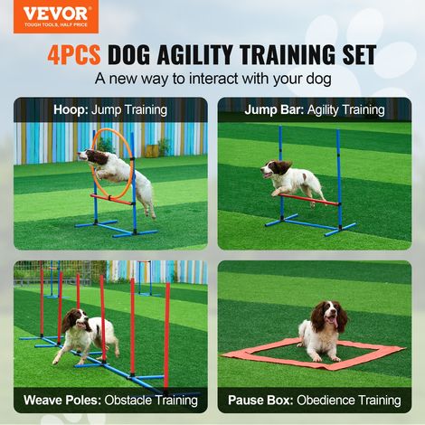 Équipements d'Entraînement Agilité pour Chien, Ensemble 4PCS, Parcours Obstacles pour Chiot, avec Haies Hautes Réglables, 6 Poteaux, Anneau de Saut, Boîte de Pause Carrée, Sifflet, Bol Pliable (1/5)