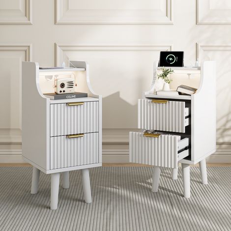 Comodino set di 2 - 25x30x60 cm - Comodino stretto in legno con stazione di ricarica usb e luci led stile moderno per camera da letto - Bianco (1/5)