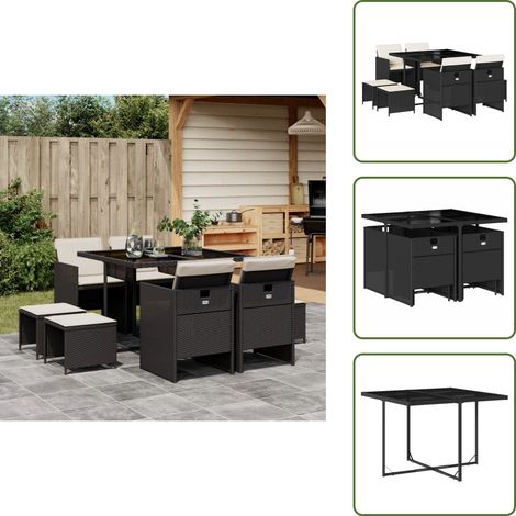 9-tlg. Garten-Essgruppe mit Kissen Schwarz Poly Rattan - Gartenmöbel Set - Gartentisch - Gartenstühle - Gartenhocker - Rattan Möbel