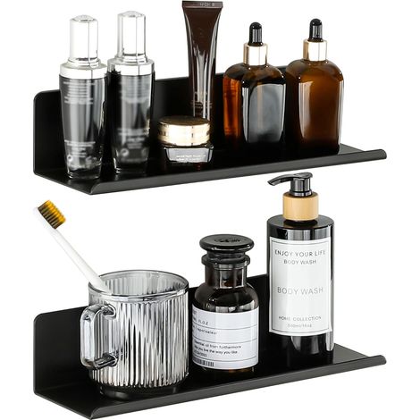 Étagère Murale Noire Tablette sans Perçage, Adhésif ou Visser 30CM Étagère Murale Salle de Bain en Métal Anti-Rouille, Rangement Tablette Murale pour Cuisine, Chambre, Salon (1/5)