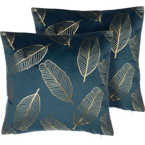 Dekokissen 2er Set FREESIA Samtstoff 45 x 45 cm Blaugrün Pflanzenmuster