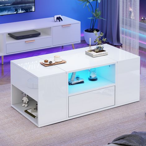 Tavolino da caffè in truciolare 100 x 50 x 40 cm, bianco lucido, con 1 cassetto e 6 vani, LED (1/5)