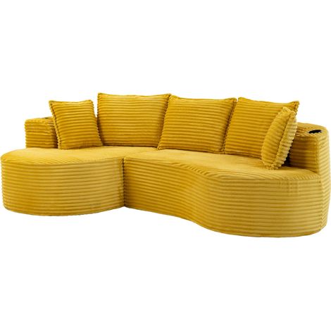 Divano curvo in corduroy giallo senape con portabicchieri, tasche laterali e cuscino MODENUIT (1/5)