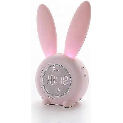 Réveil numérique portable en forme de lapin, mignon et doté d'une veilleuse sonore LED, rechargeable, idéal pour une utilisation sur un bureau ou au mur.