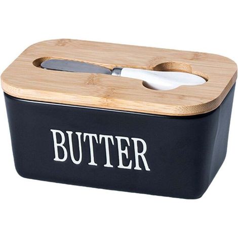 Beurre en céramique, modèle de base, couvercle en bois avec couteau, boîte à fromage pour réfrigérateur, noire (1/5)