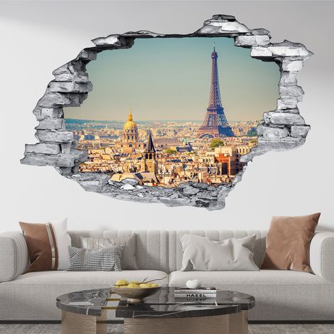 Stickers Trompe l'oeil trou dans le mur - Tour Eiffel - 30 x 45 cm - Pierres grises (1/5)