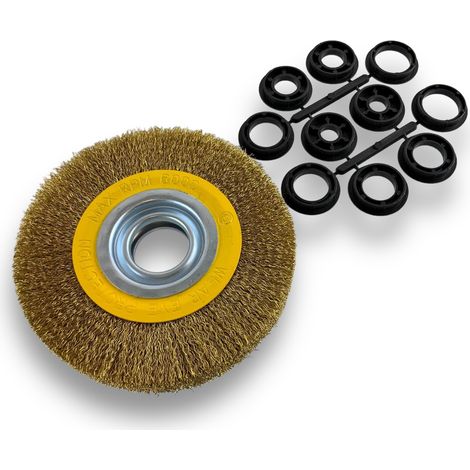 Brosse circulaire LAITON Ø 150 mm Epaisseur 3 rangs Fil dur 0.30 mm ondulé Alésage 32 mm + réducteur bague 25/22/20/16/12 mm Touret meuleuse affûteuse ponceuse Kibros 235153LT