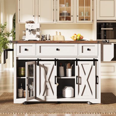 Buffet Îlot de cuisine mobile 91cm plan de travail extensible 3 tiroirs étagères prise USB AC 2 prises roulettes bois métal blanc noir (1/5)