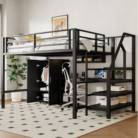 DESVIAE Lit mezzanine 140 x 200 cm avec armoire étagères bureau intégré et escalier de rangement structure en métal et MDF noir pour chambre enfant (1/5)