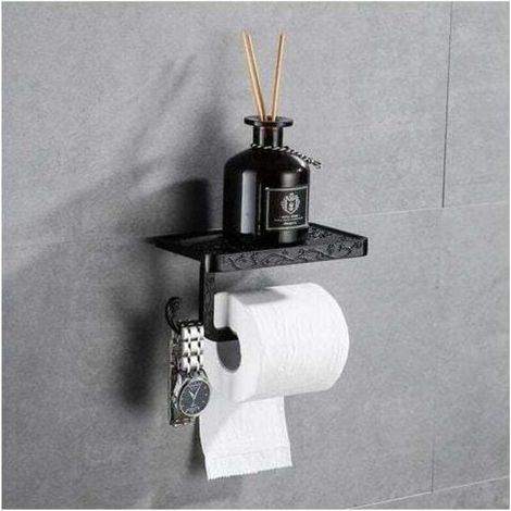 Hygienic Toilet Roll Holder with Mobile Phone Shelf, Retro Vintage Style Wall-Mounted Bathroom Holder (Black) (1/4)