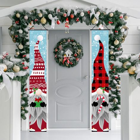 2 distiques de Noël, décorations extérieures, drapeaux extérieurs, tissu suspendu à carreaux du Père Noël, drapeau suspendu de décoration d'ambiance festive 180 cm x 30 cm tissu polyester 100D (1/5)